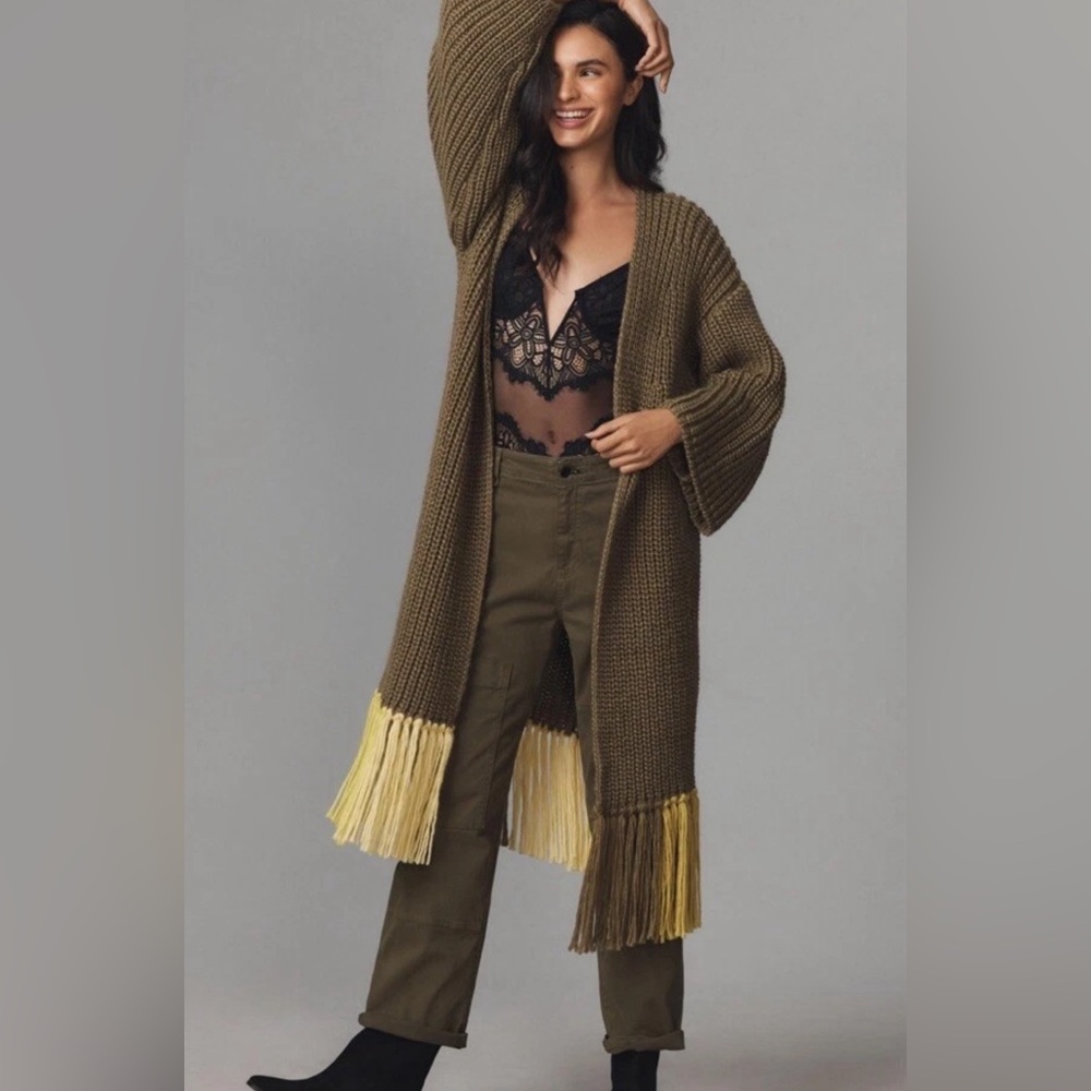 NWT Anthropologie Cozy Olive Knit Fringe Sweater